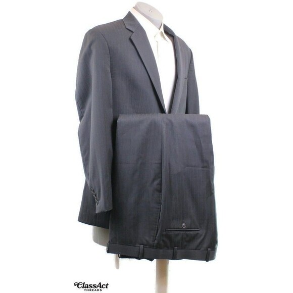 Calvin Klein Wool 2 Piece Suit 2 Btn Gray Striped 44R Flat Fronts 38" Waist - Picture 1 of 9